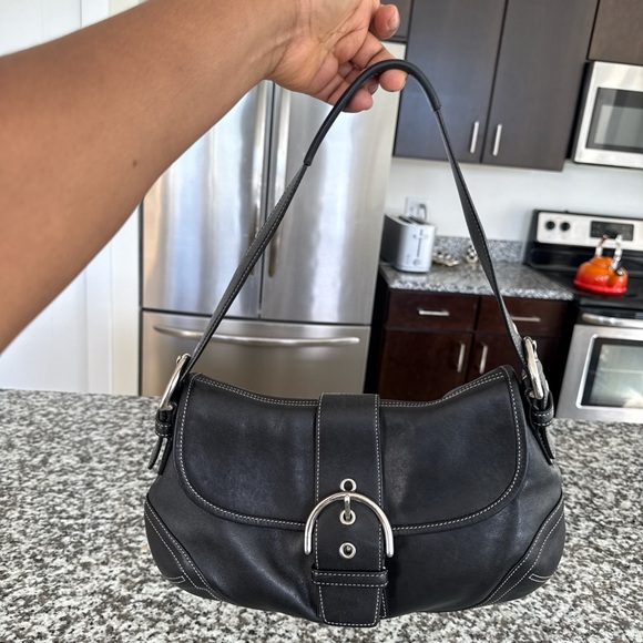 Coach Black Leather Shoulder Bag with Silver Accents
